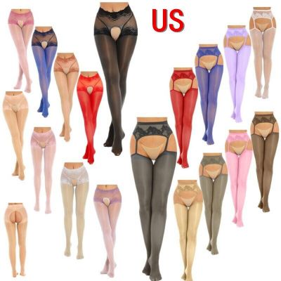 US Women Floral Lace Patchwork Stocking Long Crotchless Pantyhose Mesh Tights